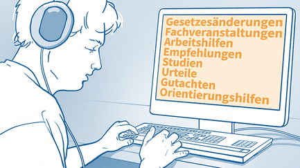 Das Bild ist eine Illustration in Blau und Gelb mit einzelnen in Farbe hervorgehobenen Elementen. Die Illustration zeigt eine Person mit Sehbehinderung, die an einem Computer sitzt und mit Braille-Tastatur bedient.